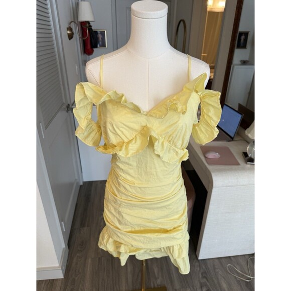 Revolve Lovers + Friends Mini Dress M Daffodil Ruched Ruffle Donna Cut Out - Picture 8 of 9